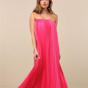 Lulu's Hot Pink Pleated Strapless Maxi Dress